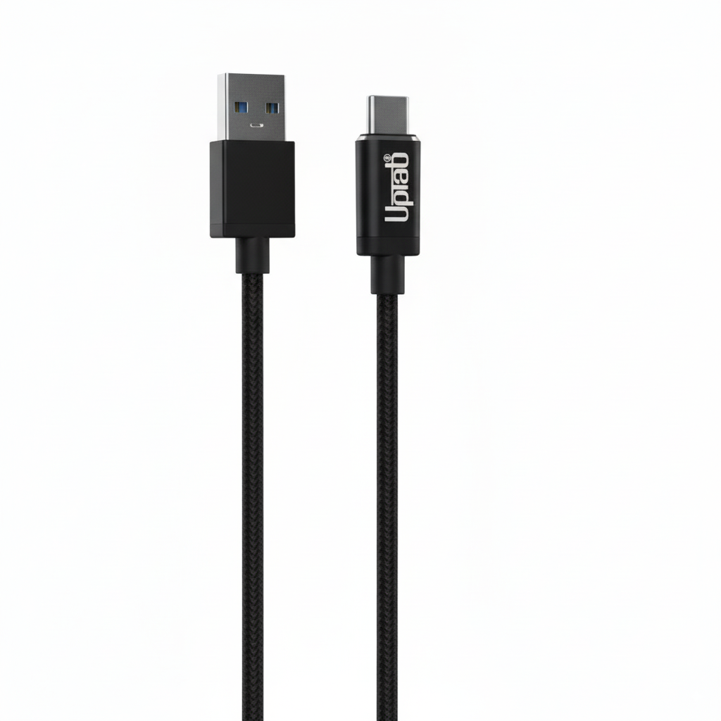 UPTab Black USB cable with one end being USB Type-A and the other end being USB Type-C, on a white background.