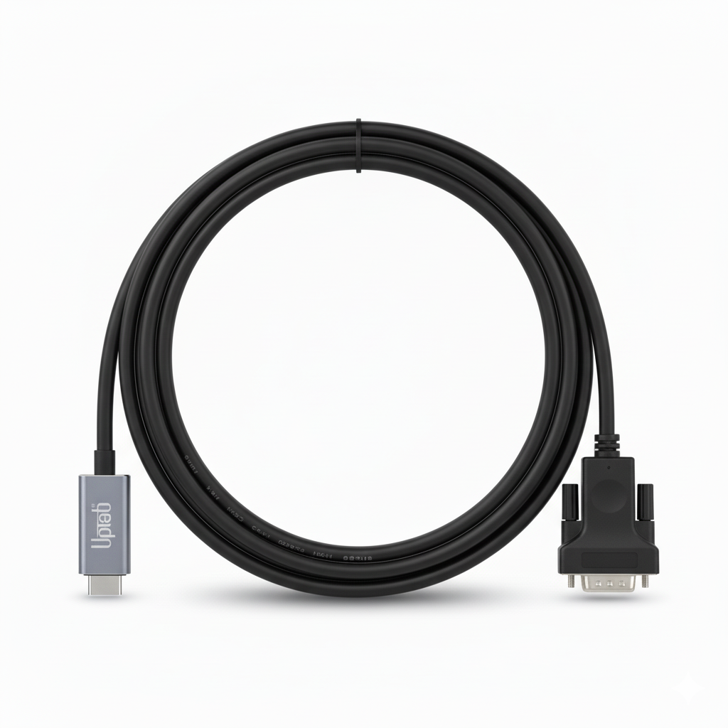 Black cable with connectors on a white background
