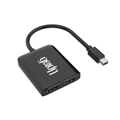 Close-up of UPTab Mini DisplayPort to Dual HDMI MST Adapter showing dual HDMI ports and Mini DisplayPort connector for high-resolution output.
